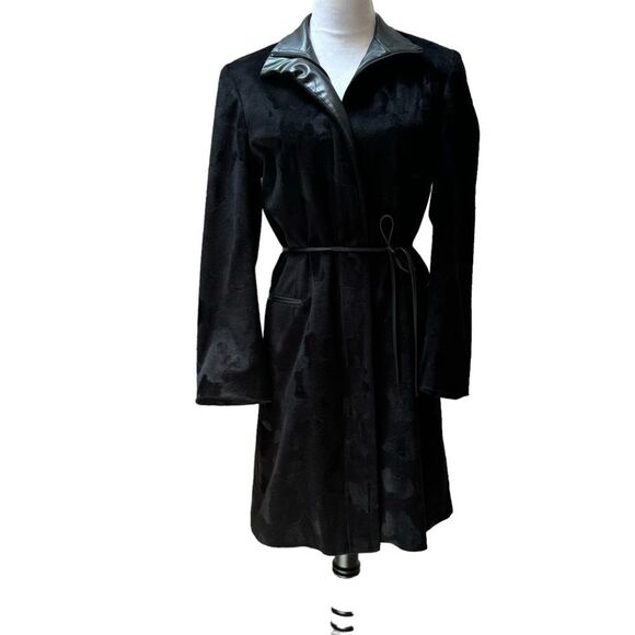 Vintage Fux Suede Floral Coat Leather Trimmed Belted Overcoat Black - Picture 1 of 9